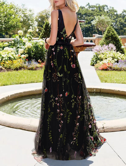 Vestidos para ocasiones especiales de corte A, estilo imperio, para bodas, fiestas, invitados, largo hasta el suelo, sin mangas, escote en V, organza, espalda en V con estampado/estampado