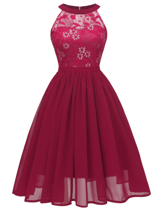 A-Line Cocktail Dresses Minimalist Dress Party Wear Short / Mini Sleeveless Halter Lace with Pleats