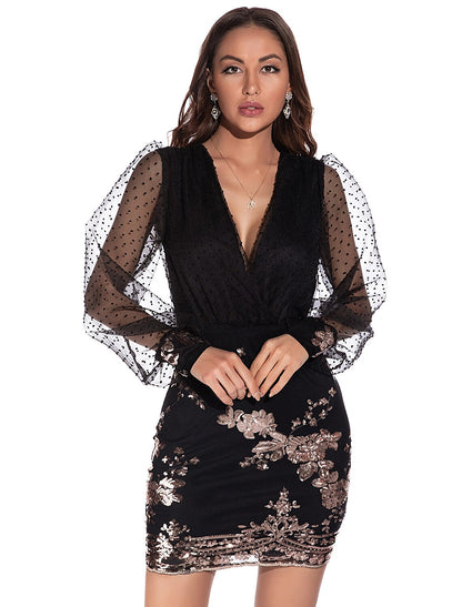 Sheath / Column Sexy bodycon Holiday Party Wear Dress V Neck Long Sleeve Short / Mini Spandex with Sequin Polka Dot