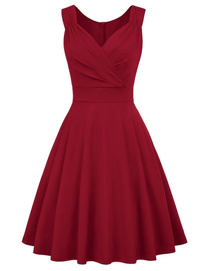 A-Line Minimalist Elegant Party Wear Cocktail Party Dress V Neck Sleeveless Tea Length Spandex with Pleats