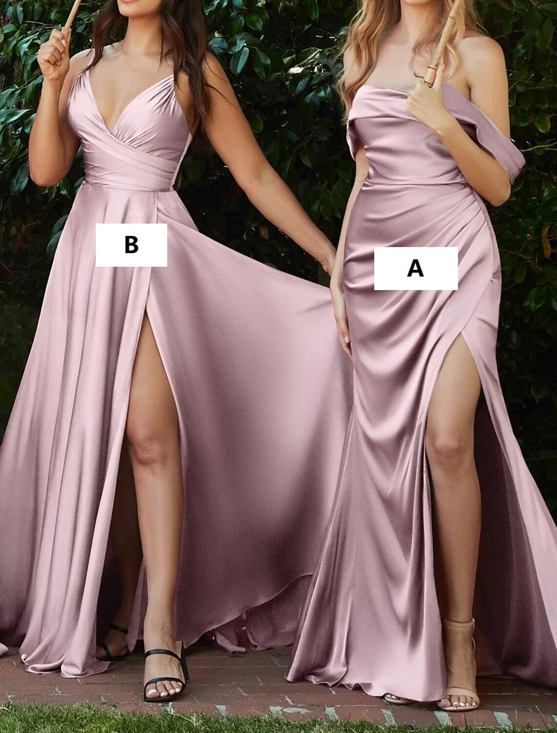 Vestido de dama de honor de corte sirena/trompeta, un hombro, sin mangas, rosa, largo hasta el suelo, de gasa con abertura frontal/fruncido