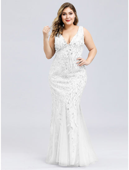 Mermaid / Trumpet Evening Gown Plus Size Dress Wedding Guest Engagement Floor Length Sleeveless V Neck Lace V Back with Appliques