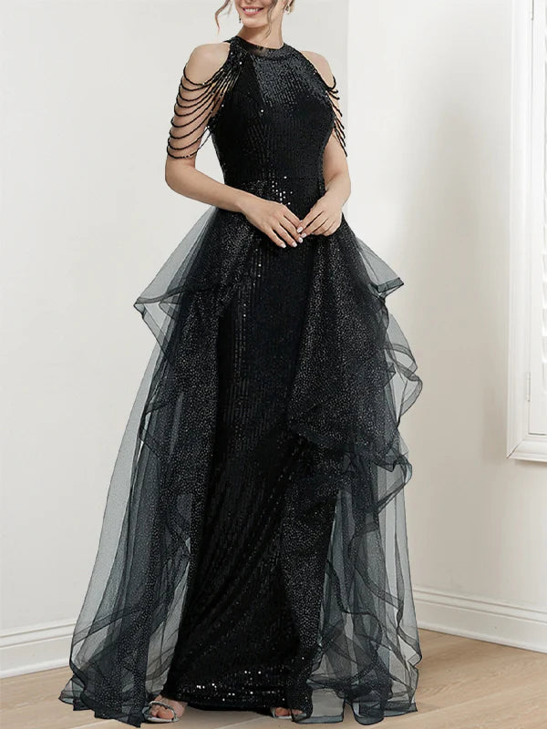 Suknie balowe w kształcie litery A/księżniczki z wiązaniem na szyi, falbanami i cekinami