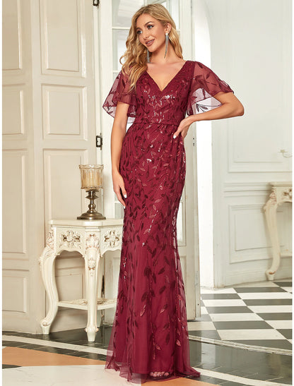 Vestido de noche de sirena/trompeta con brillo, vestido formal de cóctel, fiesta, largo hasta el suelo, manga corta, cuello en V, para invitados de boda de otoño, tul con lentejuelas