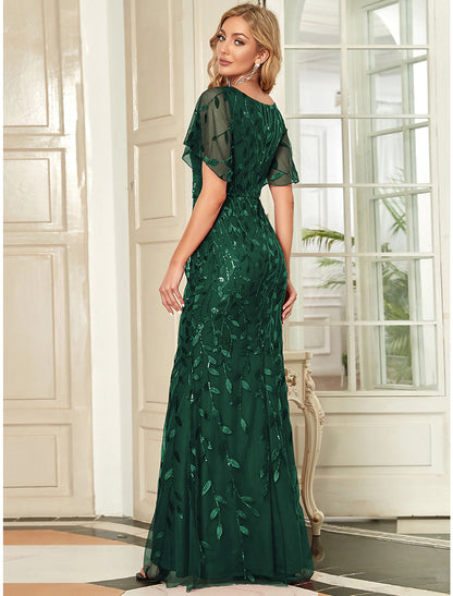 Vestido de noche de sirena/trompeta con brillo, vestido formal de cóctel, fiesta, largo hasta el suelo, manga corta, cuello en V, para invitados de boda de otoño, tul con lentejuelas