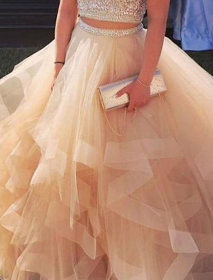 Suknie balowe dwuczęściowe, lśniąca sukienka, gość weselny, przyjęcie weselne, długość do podłogi, bez rękawów, dekolt biżuteryjny, tiul z falbankami z cekinów