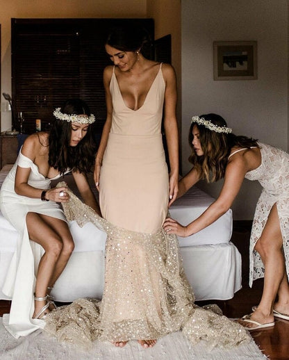 Vestido de novia dorado con escote en V y cuentas, con espalda en V y manga larga para fiesta 