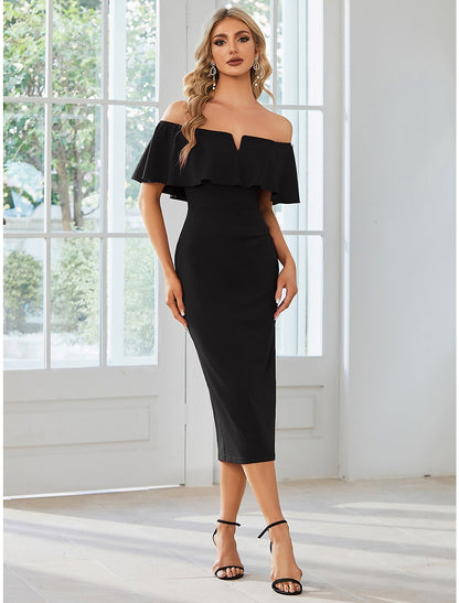 Sheath / Column Wedding Guest Dresses Minimalist Dress Party Wear Wedding Party Tea Length Short Sleeve Off Shoulder Bridesmaid Dress Stretch Fabric with Slit Pure