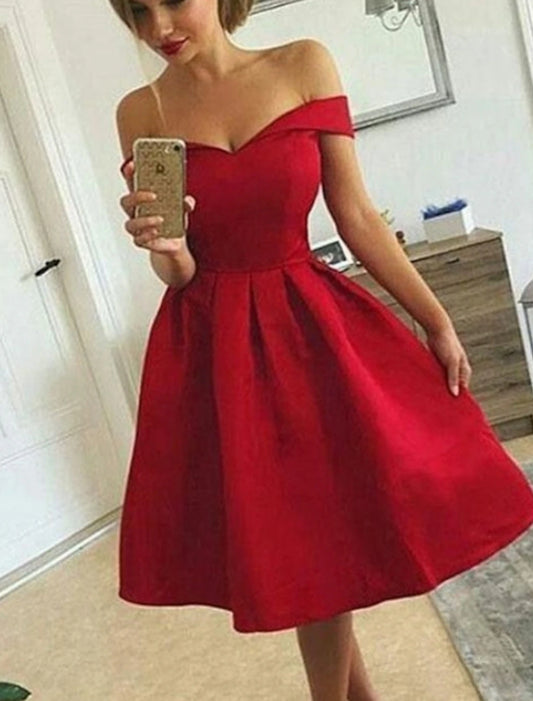 A-Line Vintage Sexy Homecoming Cocktail Party Dress Off Shoulder Sleeveless Knee Length Satin with Sleek