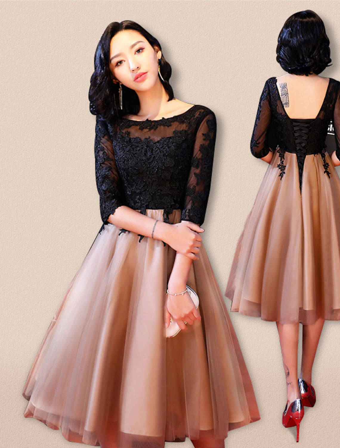 Vestido de cóctel estilo celebridad, corte A, para invitada de boda, escote barco, espalda descubierta, media manga, largo hasta la rodilla, encaje con apliques de encaje