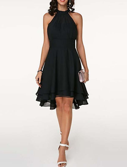 A-Line Party Dresses Casual Dress Wedding Guest Summer Knee Length Sleeveless Halter Neck Chiffon V Back with Ruffles