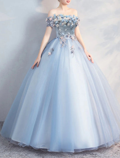 Ball Gown Floral Puffy Quinceanera Prom Dress Off Shoulder Short Sleeve Floor Length Polyester with Appliques Pure Color