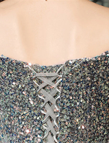 Suknie balowe w kształcie litery A, lśniąca i błyszcząca sukienka na formalne wesele, długość do ziemi, krótki rękaw, odkryte ramiona, poliester z cekinami