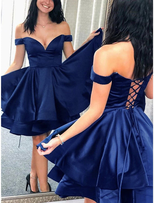 A-Line Homecoming Dresses Backless Dress Graduation Sweet 16 Short / Mini Sleeveless Off Shoulder Satin with Pleats