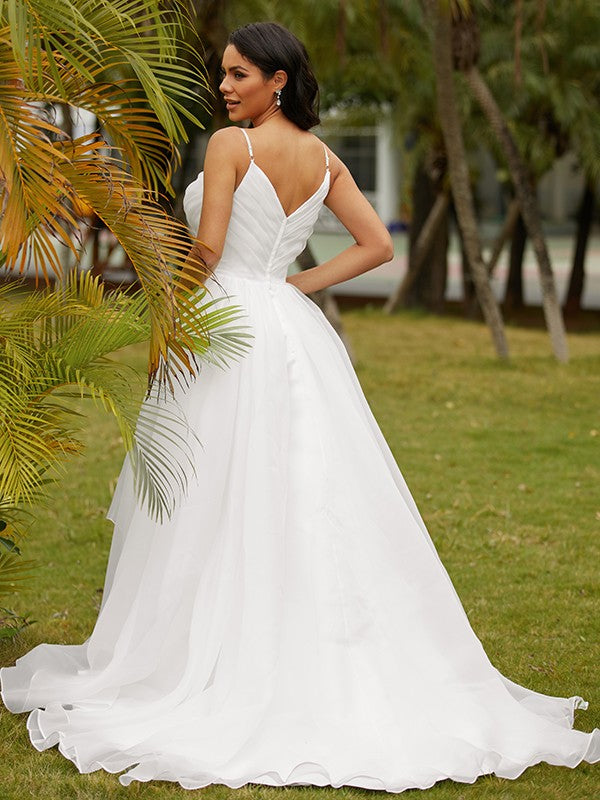 Ball Gown Satin Ruffles V-neck Sleeveless Sweep/Brush Train Wedding Dresses
