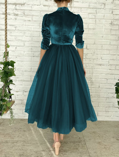 Vestido de cóctel elegante, vestido de fiesta, quinceañera, largo hasta los tobillos, media manga, cuello en V, tul con faja/cinta, botones empalmados