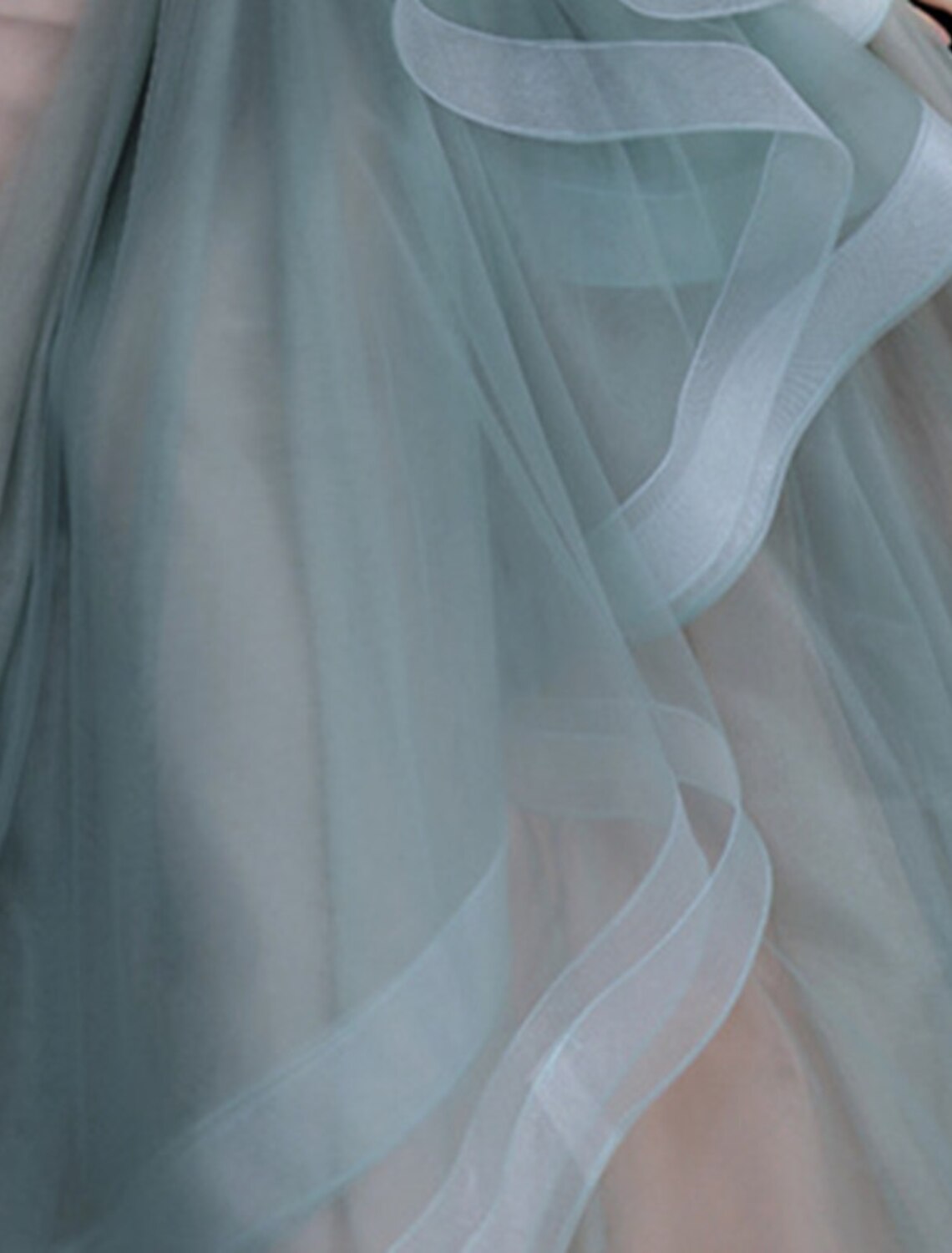 A-Line Prom Dresses Floral Dress Quinceanera Prom Floor Length Long Sleeve High Neck Tulle with Ruffles Appliques