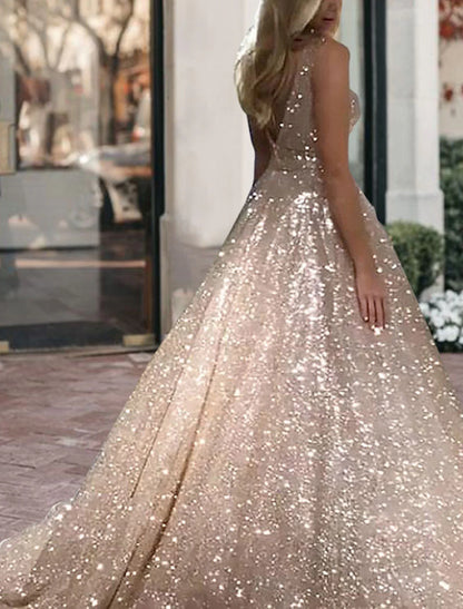 Vestido de fiesta negro con purpurina, vestido lujoso de tul brillante para fiesta de bodas, quinceañera, cola larga/cepillo, sin mangas, escote en V, tul, espalda en V con lentejuelas