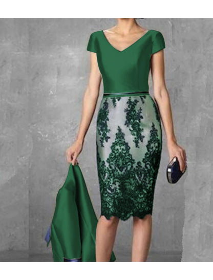 Two Piece Sheath / Column Mother of the Bride Dress Fall Wedding Guest Dresses Church Plus Size Vintage V Neck Knee Length Satin Lace 3/4 Length Sleeve Jacket Dresses with Color Block