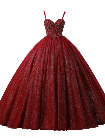 Ball Gown Prom Dresses Princess Dress Graduation Quinceanera Floor Length Sleeveless Spaghetti Strap Lace with Beading Appliques