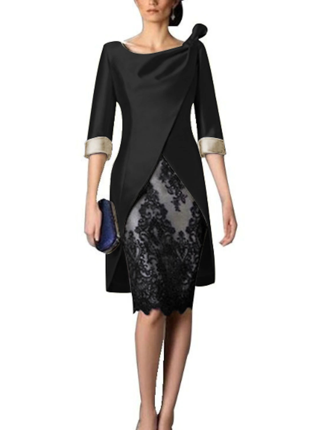 Two Piece Sheath / Column Mother of the Bride Dress Fall Wedding Guest Dresses Church Plus Size Vintage V Neck Knee Length Satin Lace 3/4 Length Sleeve Jacket Dresses with Color Block