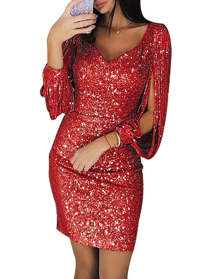 Women‘s Sequin Dress Party Dress Sparkly Dress Homecoming Dress Sheath Dress Mini Dress Silver Light Rose 3/4-Length Sleeve Solid Color Spring Fall V Neck Elegant Slim