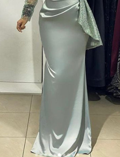 Vestido de noche sirena/trompeta con brillo y brillo, vestido formal para invitadas de boda, largo hasta el suelo, manga larga, cuello en V, charmeuse para invitadas de boda de otoño con perlas fruncidas