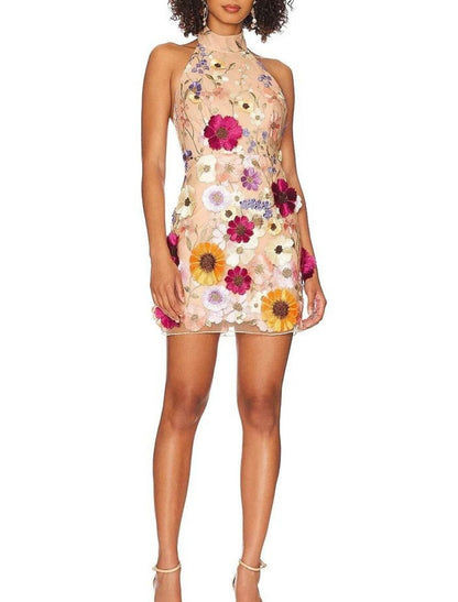 Sheath / Column Homecoming Dresses Floral Dress Cocktail Party Birthday Short / Mini Sleeveless Halter Neck Pink Dress Lace with Embroidery