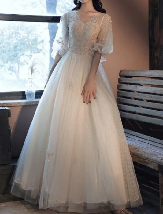 Vestido de fiesta vintage floral para quinceañera, escote en V, media manga, largo hasta el suelo, de tul con pliegues y bordado