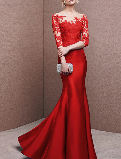 Vestido de sirena, elegante vestido de noche rojo y verde navideño, vestido formal para invitada de boda, cola larga, mangas 3/4, hombros descubiertos, satén con botones, pliegues y apliques.