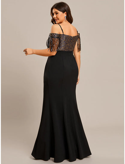 Mermaid / Trumpet Wedding Guest Dresses Minimalist Dress Formal Floor Length Short Sleeve Off Shoulder Stretch Fabric with Fringe Tassel
