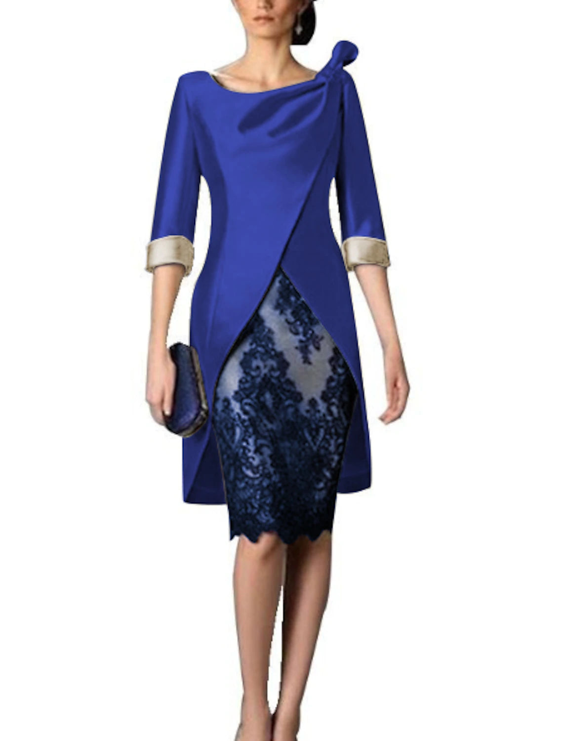 Two Piece Sheath / Column Mother of the Bride Dress Fall Wedding Guest Dresses Church Plus Size Vintage V Neck Knee Length Satin Lace 3/4 Length Sleeve Jacket Dresses with Color Block