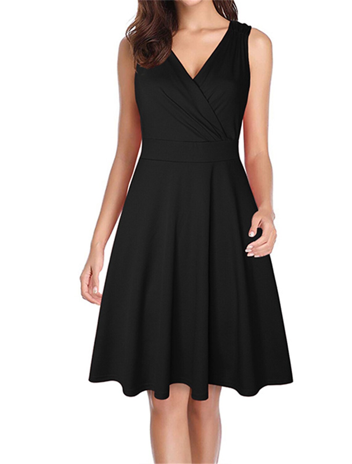 Vestido vintage para mujer, vestido de fiesta, vestido de regreso a casa, vestido midi, negro, vino tinto, sin mangas, leopardo, fruncido, primavera, otoño e invierno, cuello en V, vintage, para Navidad, boda, invitada, cumpleaños.