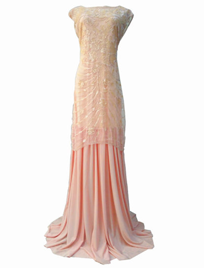 Vestido de noche estilo A, estilo vintage, para fiestas, largo hasta el suelo, sin mangas, cuello joya, licra, espalda en V con bordado de lentejuelas