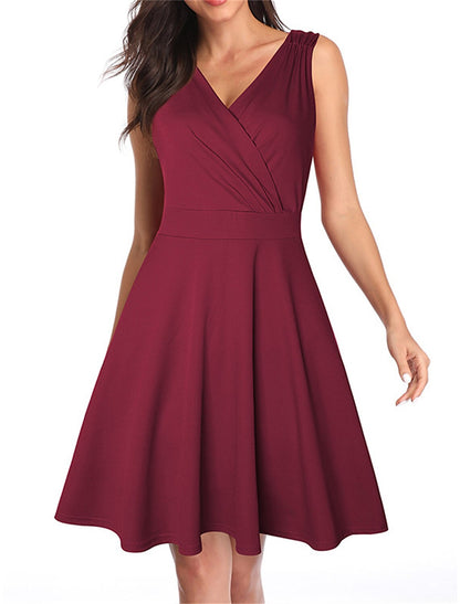 Vestido vintage para mujer, vestido de fiesta, vestido de regreso a casa, vestido midi, negro, vino tinto, sin mangas, leopardo, fruncido, primavera, otoño e invierno, cuello en V, vintage, para Navidad, boda, invitada, cumpleaños.