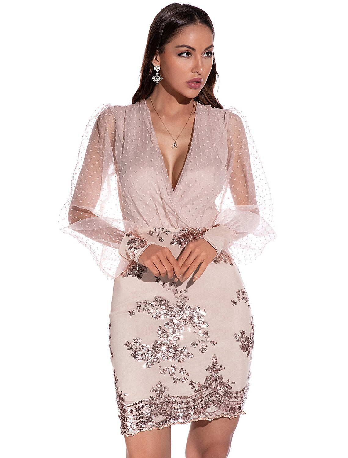 Sheath / Column Sexy bodycon Holiday Party Wear Dress V Neck Long Sleeve Short / Mini Spandex with Sequin Polka Dot