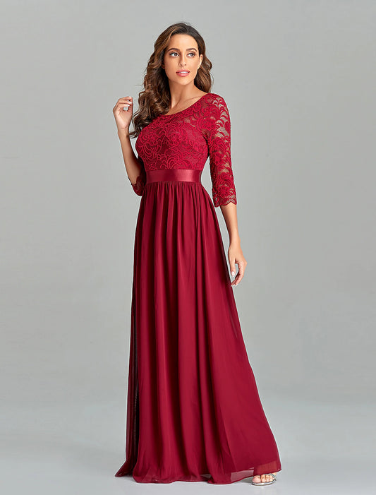 Vestido de noche de corte A, hermoso vestido de espalda, largo hasta el suelo, media manga, cuello joya, gasa, espalda en V con inserción de encaje