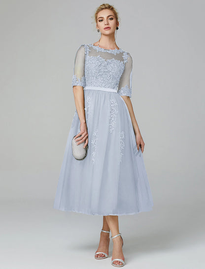 A-Line Sparkle Dress Formal Evening Tea Length Sleeveless Illusion Neck Fall Wedding Guest Lace Over Tulle with Sequin Appliques