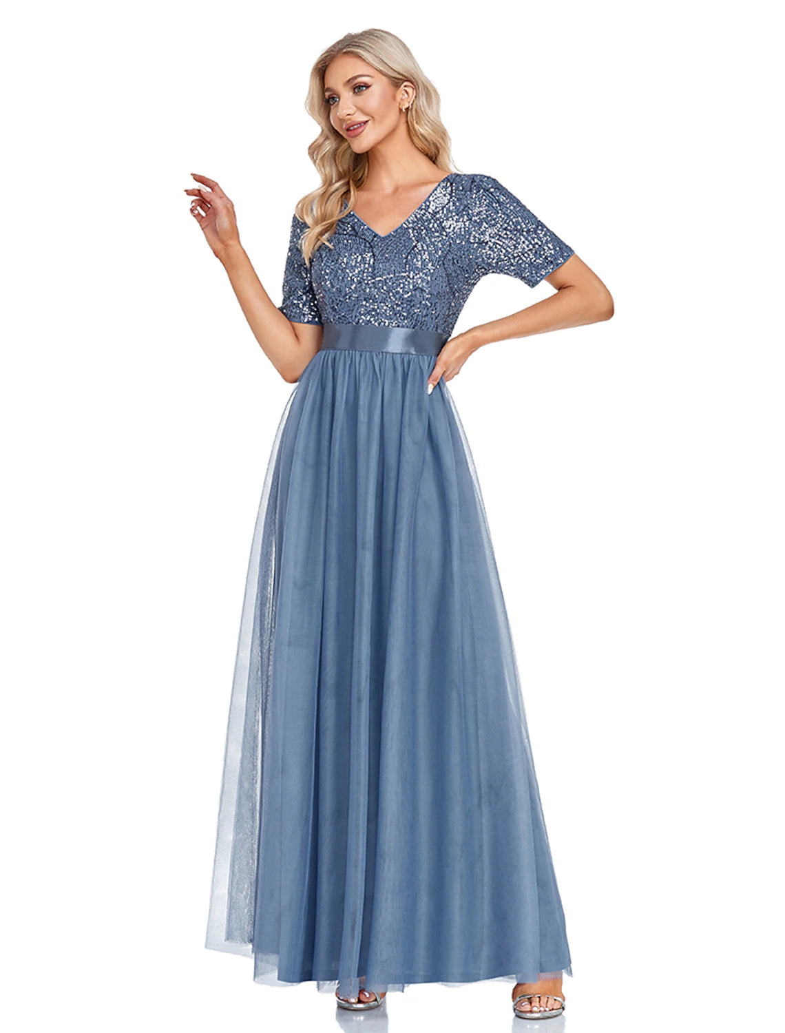 A-Line Evening Gown Elegant Dress Wedding Guest Floor Length Short Sleeve V Neck Tulle with Sequin Splicing