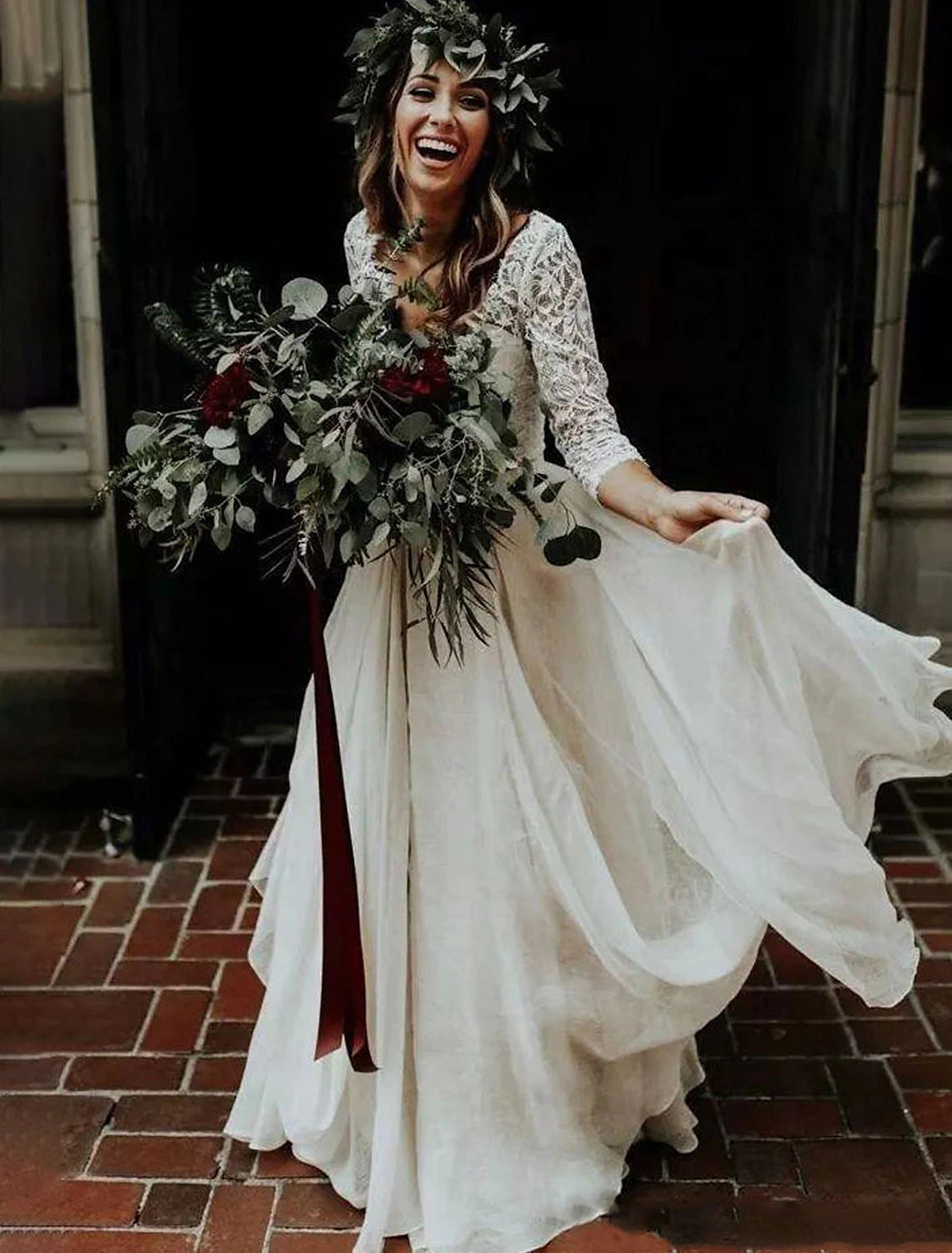 Vestidos de novia bohemios, vestido de fiesta, escote en V, manga 3/4, cola larga/cortada, trajes de novia de gasa, vestidos de novia con pliegues