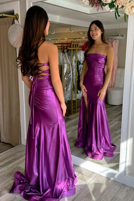 Strapless Ruched Waist Satin Lace Up Back High Side Slit Train Mermaid Prom Dresses
