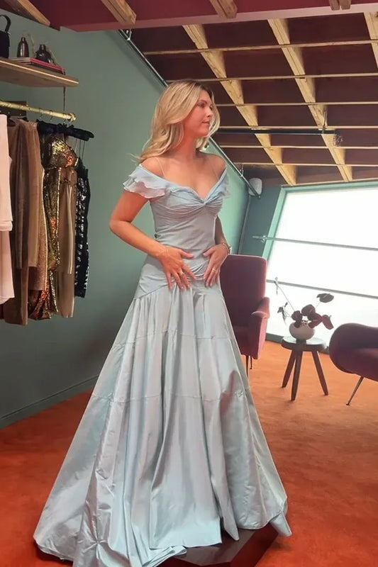 Elegant Sky Blue Prom Dresses with Taffeta Off Shoulder Ruffle and Tiered Skirt