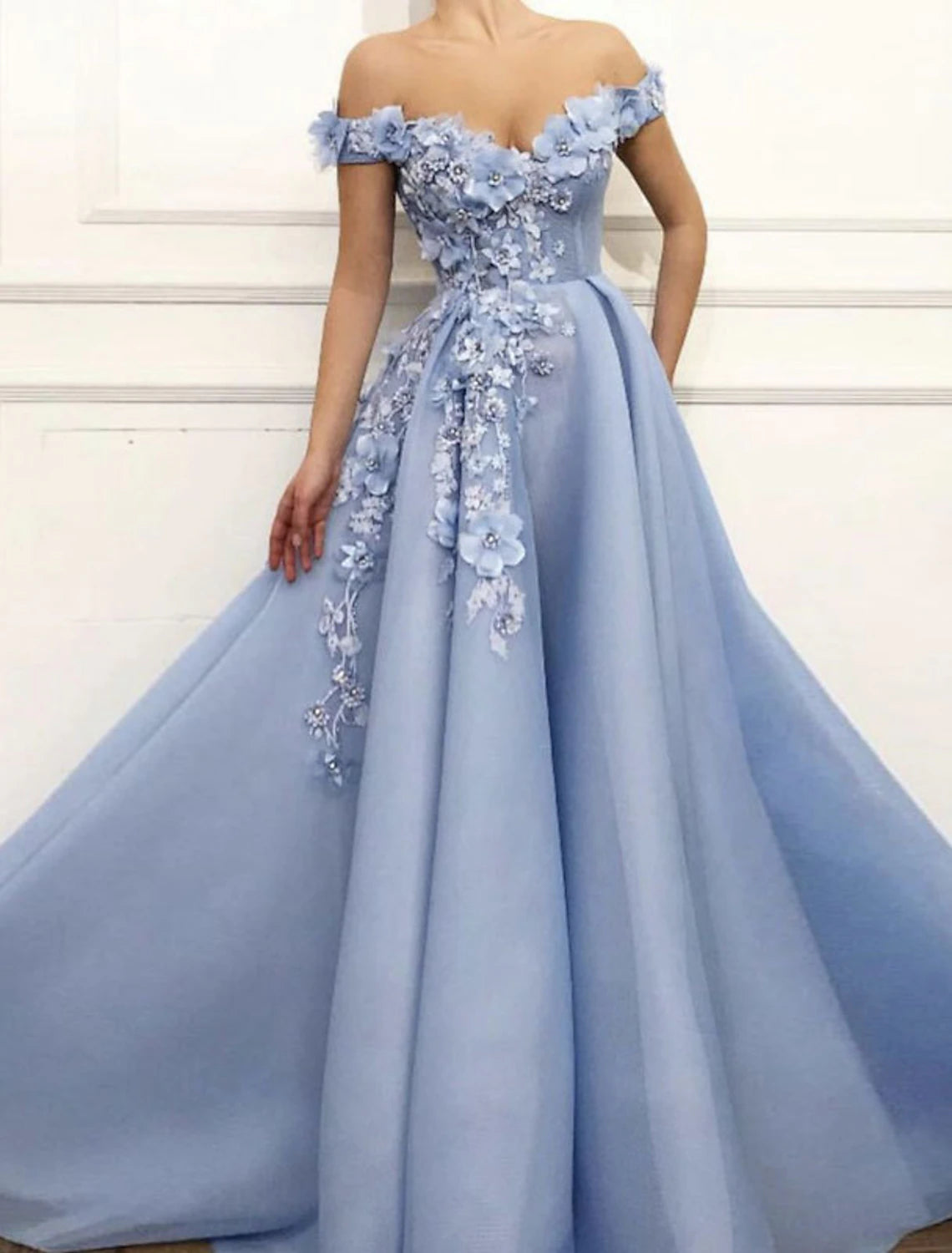 A-Line Evening Gown Floral Dress Wedding Guest Quinceanera Floor Length Short Sleeve Off Shoulder Satin with Appliques Pure Color