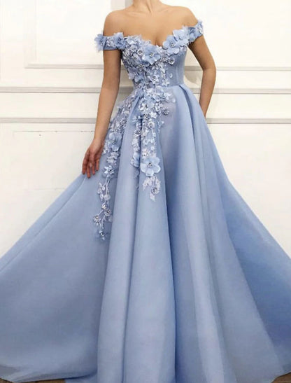 A-Line Evening Gown Floral Dress Wedding Guest Quinceanera Floor Length Short Sleeve Off Shoulder Satin with Appliques Pure Color