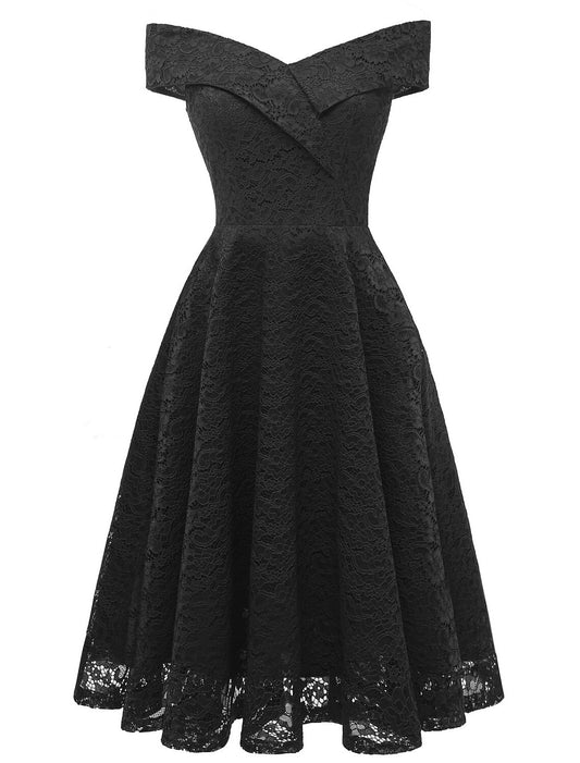 A-Line WE Party Dress Holiday Knee Length Short Sleeve Off Shoulder Lace with Pleats Lace Insert