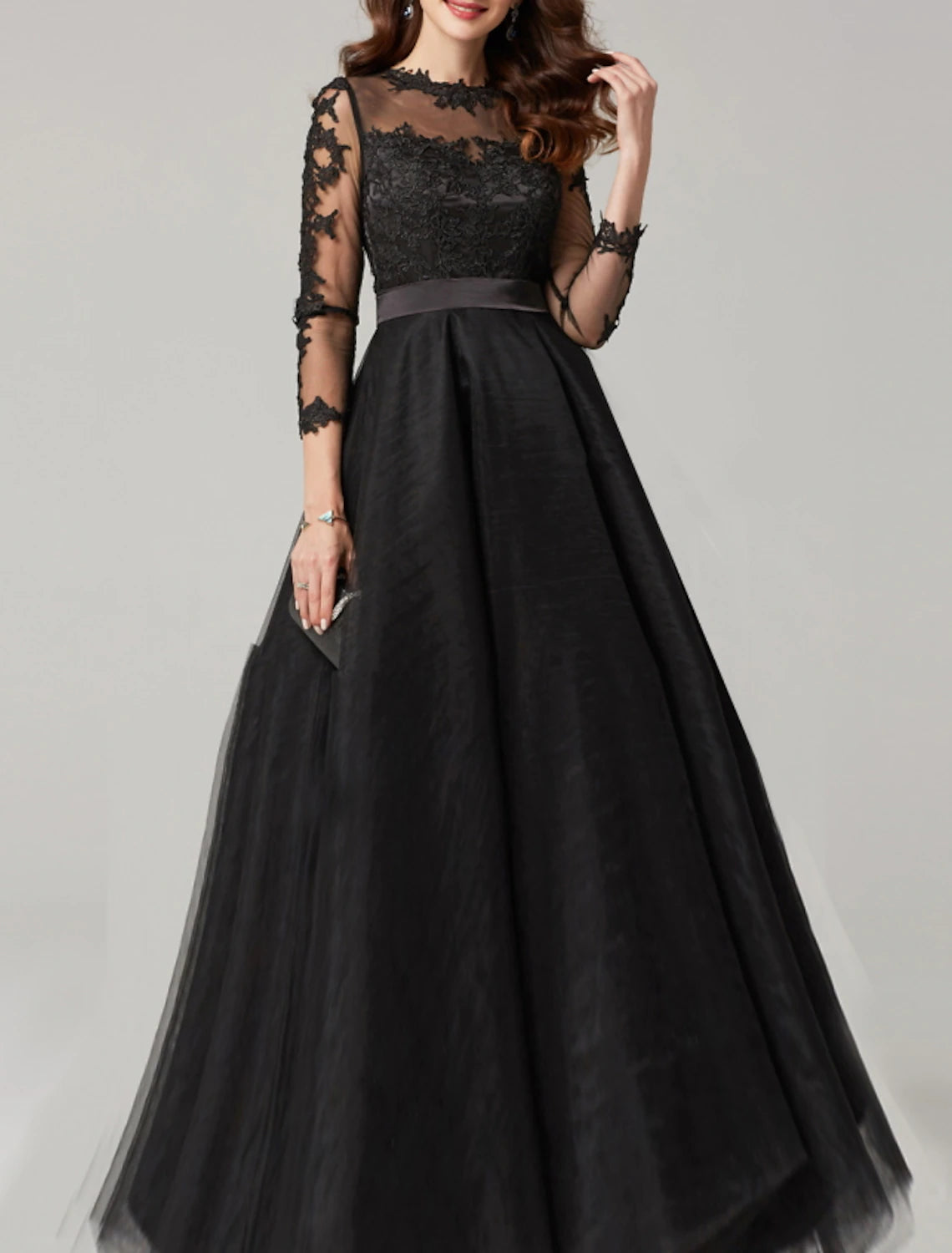 Vestido de fiesta elegante negro para quinceañera, vestido de fiesta, escote ilusión, manga 3/4, largo hasta el suelo, encaje con inserto de encaje.