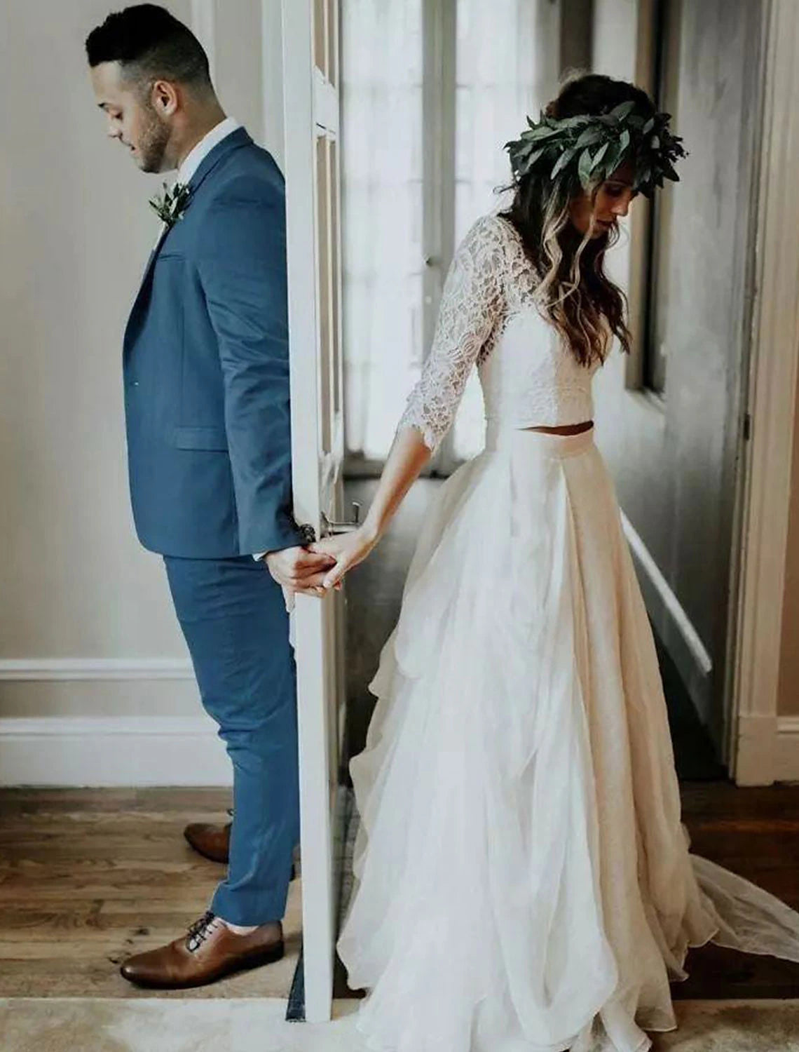 Vestidos de novia bohemios, vestido de fiesta, escote en V, manga 3/4, cola larga/cortada, trajes de novia de gasa, vestidos de novia con pliegues