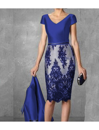 Two Piece Sheath / Column Mother of the Bride Dress Fall Wedding Guest Dresses Church Plus Size Vintage V Neck Knee Length Satin Lace 3/4 Length Sleeve Jacket Dresses with Color Block