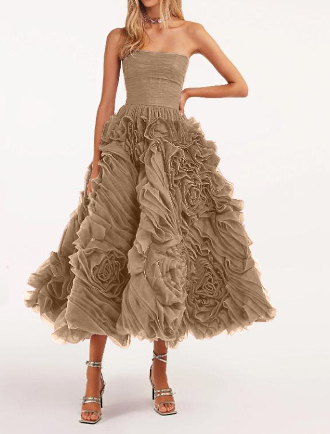 Vestidos de fiesta de corte A, vestido floral, mascarada, largo hasta el tobillo, sin mangas, sin tirantes, de tul, sin espalda con flores