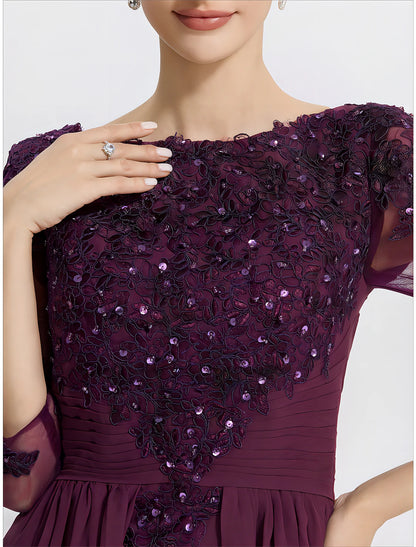 Sheath / Column Mother of the Bride Dress Formal Fall Wedding Guest Elegant Sequin Scoop Neck Floor Length Chiffon Lace 3/4 Sleeve with Appliques Sparkle & Shine